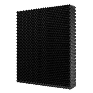 A close-up of the PLAScool HE darkening evaporative cooling pad, showing its dense black PVC structure